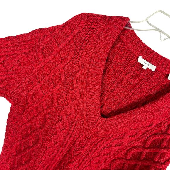 Vince Red Cable Knit Long Sleeve V Neck Long Sleeve Merino Wool Sweater S - Picture 3 of 6